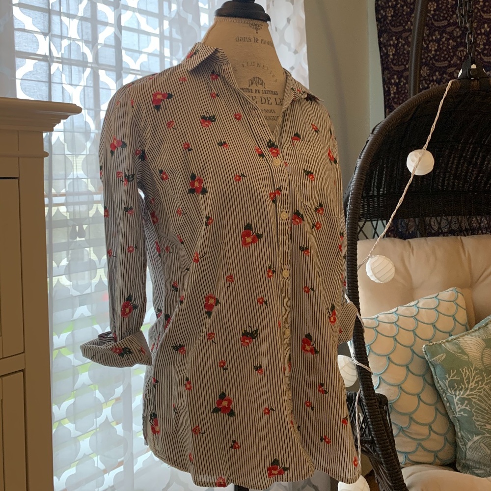 Old Navy Striped Flower Print Button Up Blouse